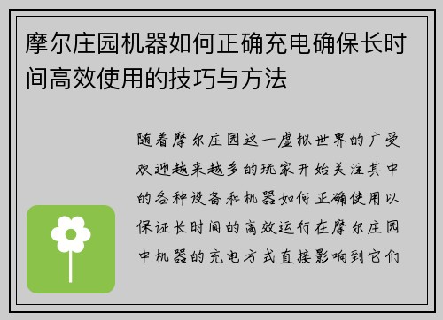 摩尔庄园机器如何正确充电确保长时间高效使用的技巧与方法 摩尔庄园机器如何正确充电确保长时间高效使用的技巧与方法